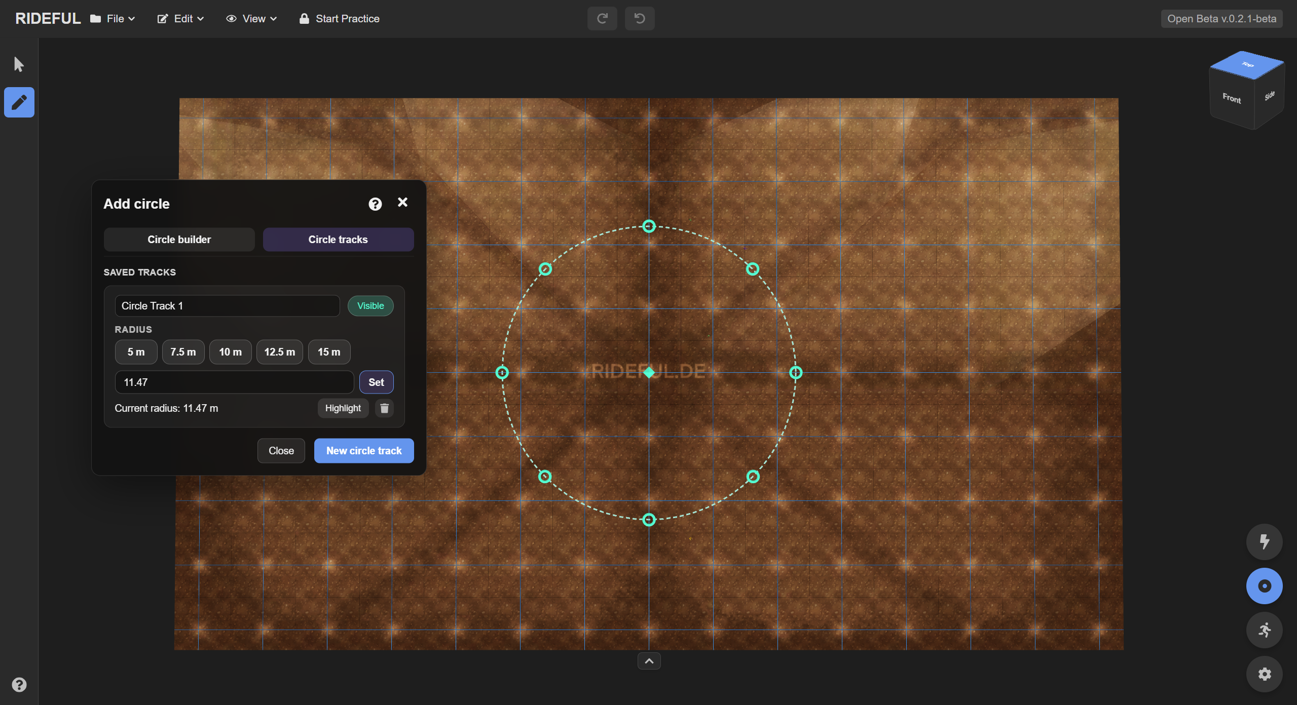 Typing radius, clicking arena, pressing Create track