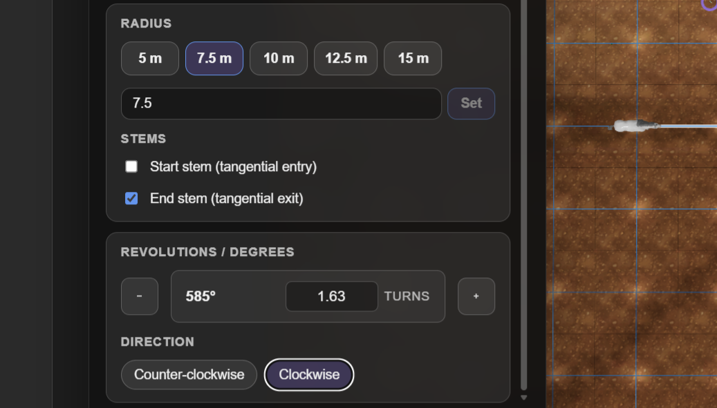 Typing radius, clicking arena, pressing Create track
