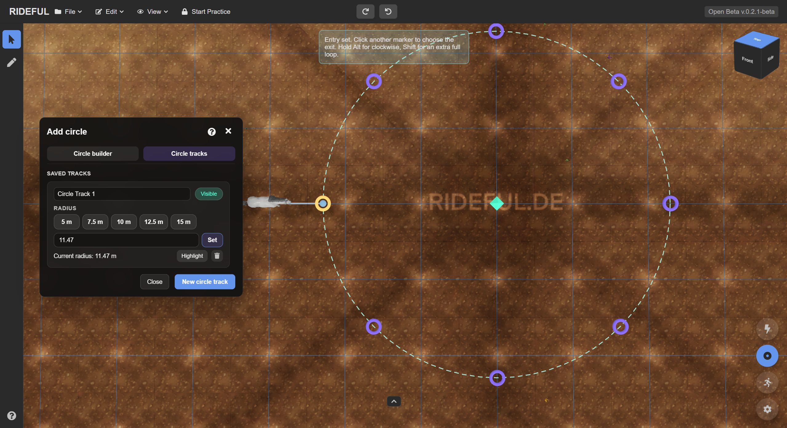 Typing radius, clicking arena, pressing Create track
