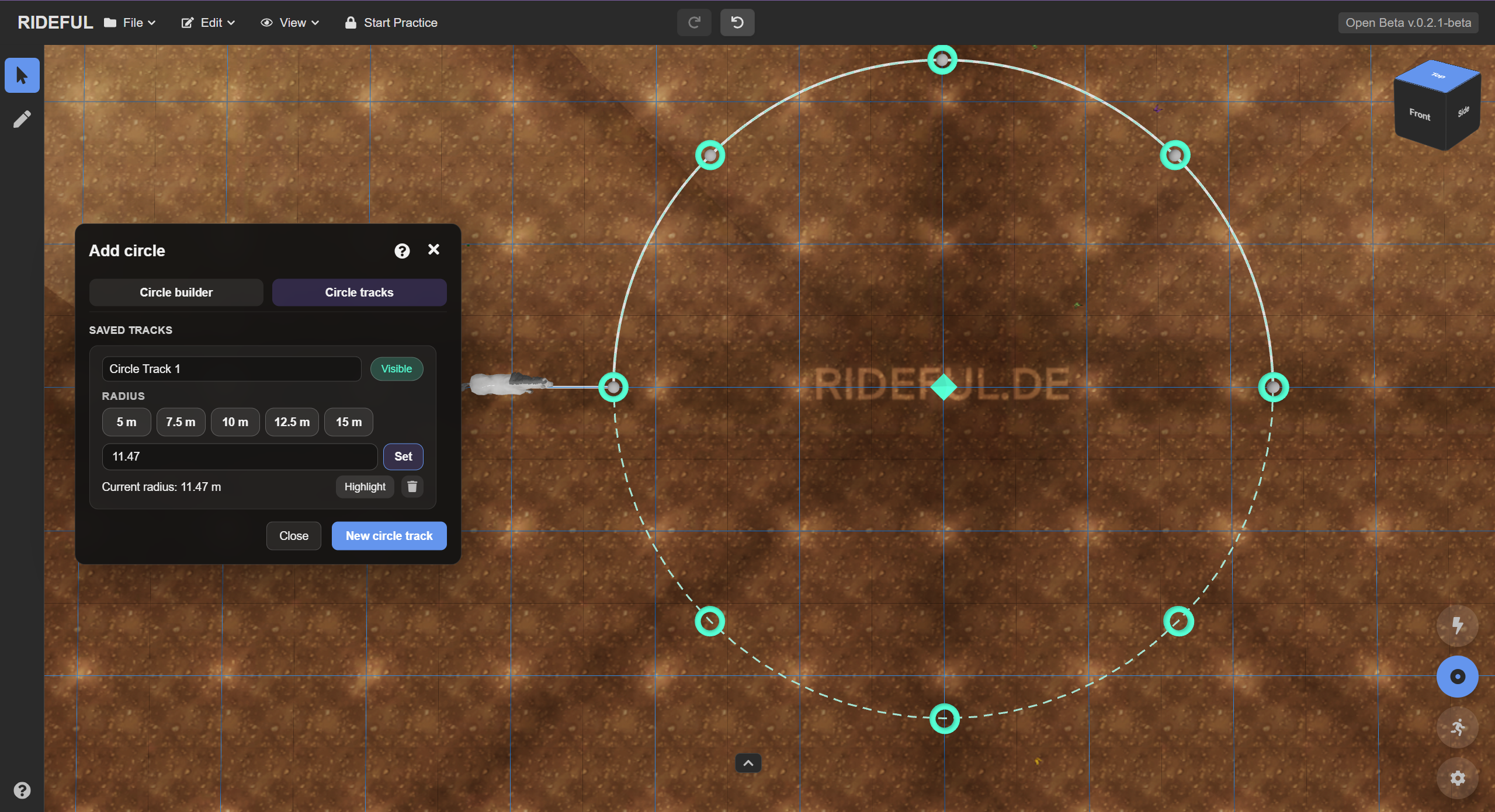 Typing radius, clicking arena, pressing Create track